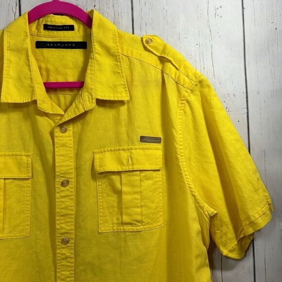 Sean John Shirt Mens Yellow Linen Blend Short Sleeve Logo Pocket Button Casual - Picture 4 of 13
